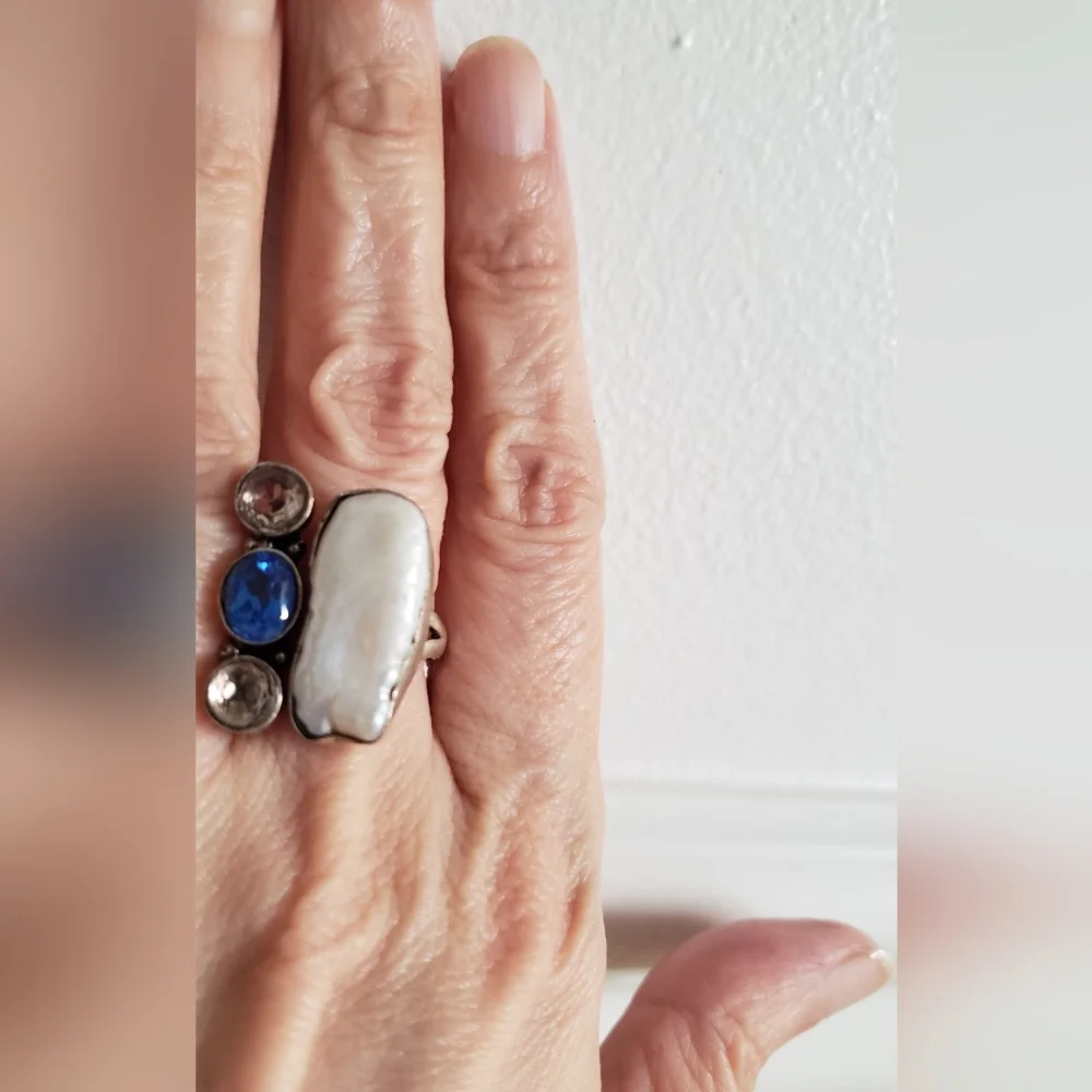 NWOT,Natural Pearl, Mixed Gemstone & Silver Artsy Ring, SZ 8.5, Handmade,Unusual